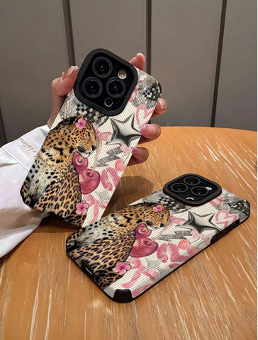 Retro 1pc Fashionable Leopard Print Bow Pattern Collage, Faux Leather Texture Soft Anti-Drop Phone Case