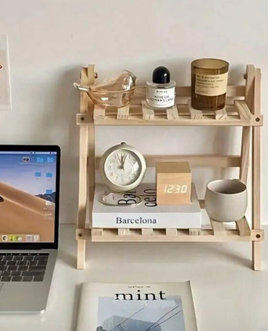 1pc Rustic Wooden Desktop Organizer Shelf,Display Stand - Double-Layer Storage Rack With Multifunctional Collapsible Design For Home Decor, Multi-Layer Desktop Storage Rack, Office Flower Stand, Home Storage Decorative Bracelet Earring Display RackOffice