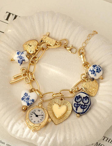 1pc Charm Bracelet With Faux Clock Heart Locket Bow Ceramic Charms, Cowgirl Boots Bowknot Bracelets Jewelry (Ceramic Print Pattern Details May Vary)