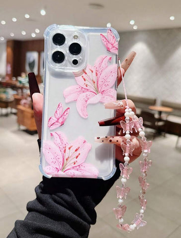 Sweet Pink Floral, Lily, Cute Butterfly Design With Soft Butterfly Lanyard, Four-Corner Anti-Fall, Wear-Resistant, Protective Case,