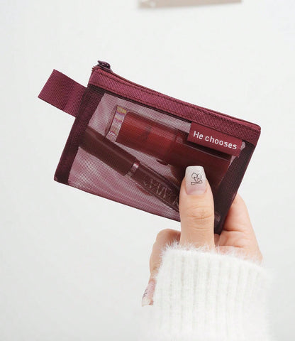 Burgundy Red Mini Lipstick Bag, Square Mesh Small Storage Bag, Portable Transparent Bag With Zipper, Multifunctional Makeup Pouch, Make Up Organizer, Keeps Pockets Clean And Tidy, Charger, USB Storage Bag, Suitable For Student Dormitories, Outings, And Tr