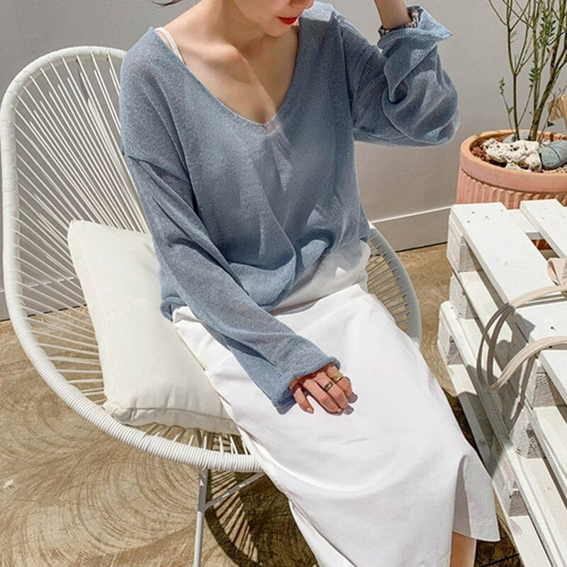 Summer Autumn Thin Sexy Women Tops Blouse V-neck Tops Solid Lady Clothes