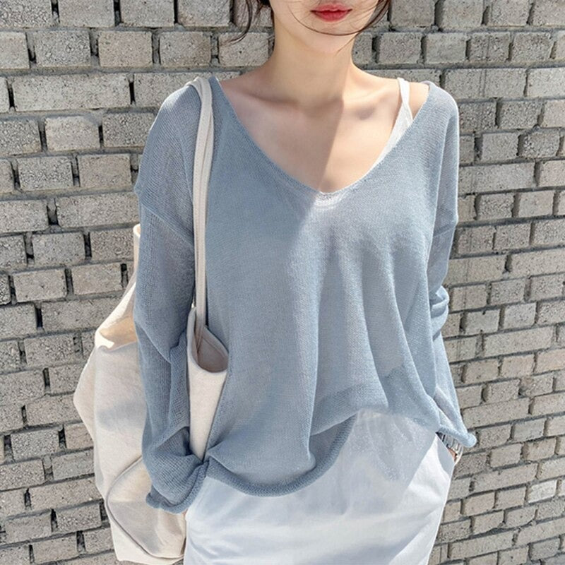 Summer Autumn Thin Sexy Women Tops Blouse V-neck Tops Solid Lady Clothes