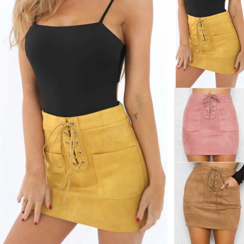 Women Leather Suede Lace Up Short Mini Skirt Ladies Women Skirts