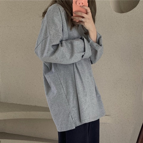 Women Spring Loose T-Shirts Solid Bottoming Long Sleeve Casual Korean Minimalist Style Triko Tops