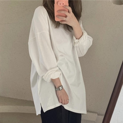 Women Spring Loose T-Shirts Solid Bottoming Long Sleeve Casual Korean Minimalist Style Triko Tops