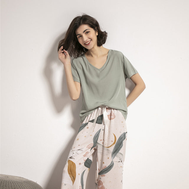 Floral Printed Pajama Sleepwear Female Casual V Neck Elastic Waist Nightwear Retro Women