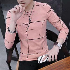 T Shirt Men Long Sleeve T-shirt Stripe Shirt New Tshirt T Shirts O-Neck Casual Pink White Black