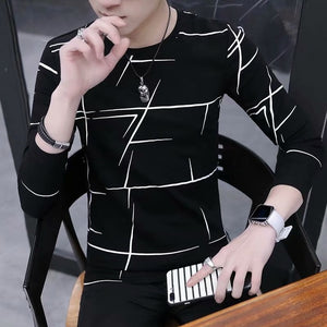 T Shirt Men Long Sleeve T-shirt Stripe Shirt New Tshirt T Shirts O-Neck Casual Pink White Black