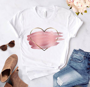 Heart flower print ladies T-shirt ladies O-collar white shirt short sleeve ladies T-shirt