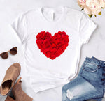 Heart flower print ladies T-shirt ladies O-collar white shirt short sleeve ladies T-shirt