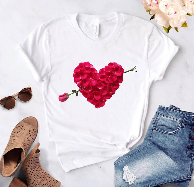 Heart flower print ladies T-shirt ladies O-collar white shirt short sleeve ladies T-shirt