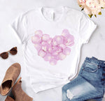 Heart flower print ladies T-shirt ladies O-collar white shirt short sleeve ladies T-shirt