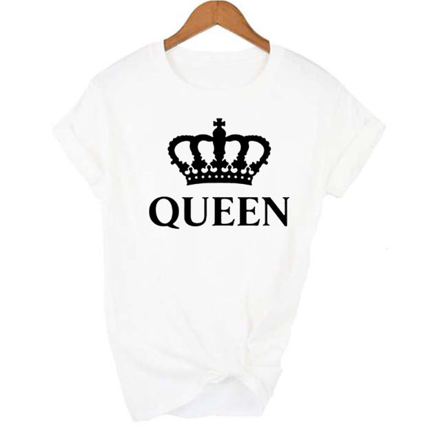 KING QUEEN Crown Printed Black White T shirts Summer Casual O-neck Short Sleeve Tees Couple Lovers tshirt