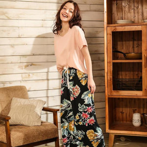 Floral Printed Pajama Sleepwear Female Casual V Neck Elastic Waist Nightwear Retro Women