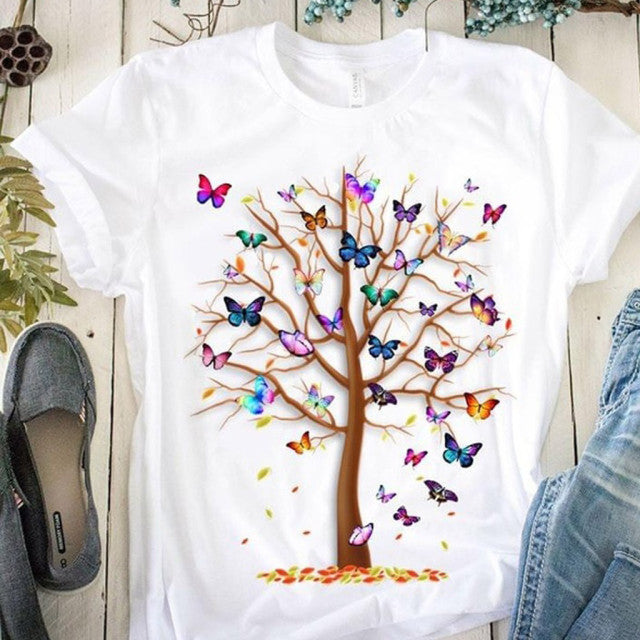 Woman Butterfly Tree Print Summer Tshirts Casual Round Neck Short Slee Top Tee Shirt