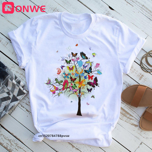 Woman Butterfly Tree Print Summer Tshirts Casual Round Neck Short Slee Top Tee Shirt