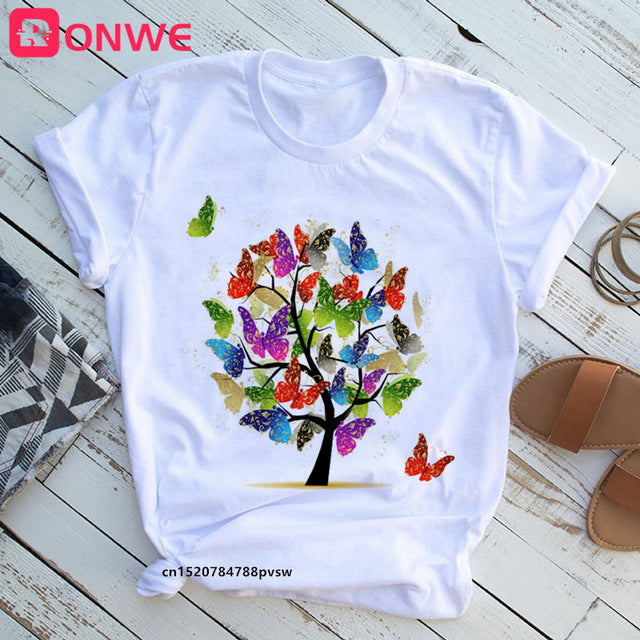 Woman Butterfly Tree Print Summer Tshirts Casual Round Neck Short Slee Top Tee Shirt