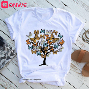 Woman Butterfly Tree Print Summer Tshirts Casual Round Neck Short Slee Top Tee Shirt