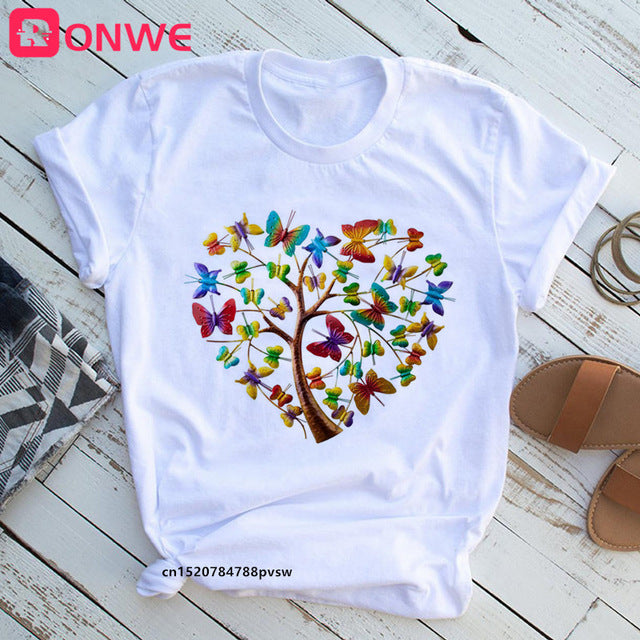 Woman Butterfly Tree Print Summer Tshirts Casual Round Neck Short Slee Top Tee Shirt