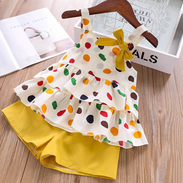 Girl Clothes Set Summer Children Bow Lace Sling T-shirt+ Striped Short Pants Sets Kids Sleeveless Clothing