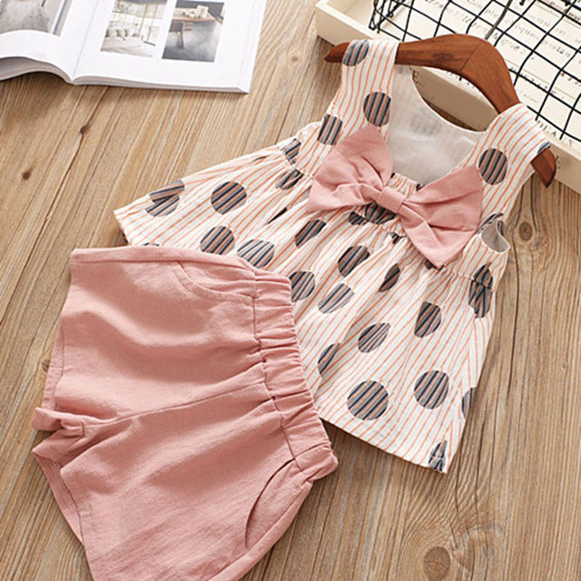 Girl Clothes Set Summer Children Bow Lace Sling T-shirt+ Striped Short Pants Sets Kids Sleeveless Clothing