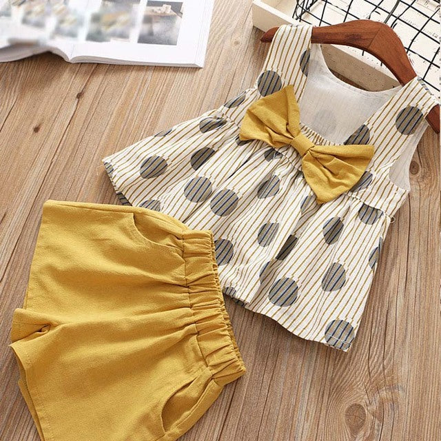 Girl Clothes Set Summer Children Bow Lace Sling T-shirt+ Striped Short Pants Sets Kids Sleeveless Clothing