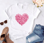 Heart flower print ladies T-shirt ladies O-collar white shirt short sleeve ladies T-shirt