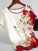 Fashion Floral Print Blouse Ladies Silk Blouses Sleeve Print Casual Short Sleeve Tops