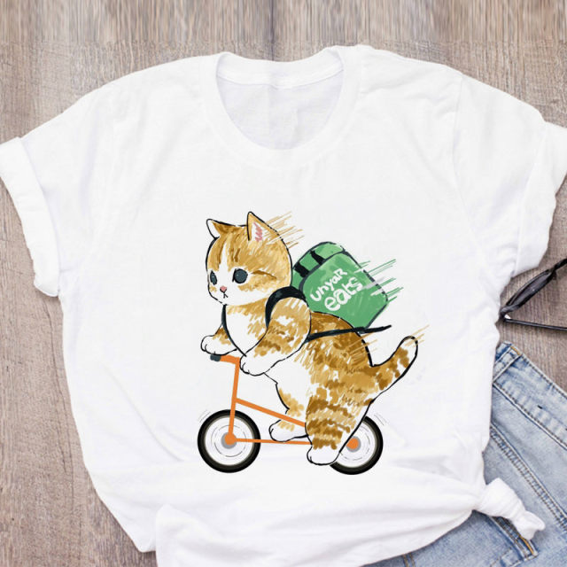 Women T-shirt Cute Cat Funny Cartoon T-shirt Graphic T-shirt Aesthetic Top Tee Female