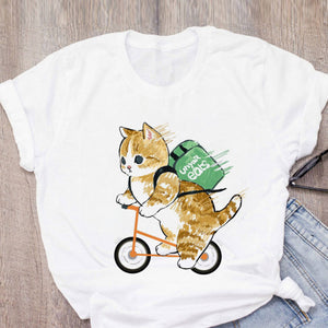 Women T-shirt Cute Cat Funny Cartoon T-shirt Graphic T-shirt Aesthetic Top Tee Female