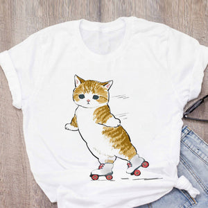 Women T-shirt Cute Cat Funny Cartoon T-shirt Graphic T-shirt Aesthetic Top Tee Female