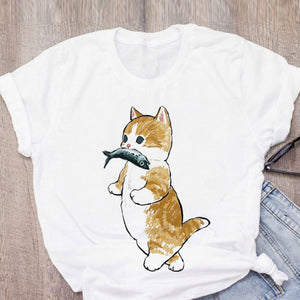 Women T-shirt Cute Cat Funny Cartoon T-shirt Graphic T-shirt Aesthetic Top Tee Female