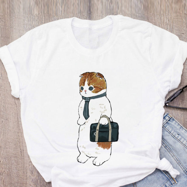 Women T-shirt Cute Cat Funny Cartoon T-shirt Graphic T-shirt Aesthetic Top Tee Female