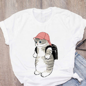 Women T-shirt Cute Cat Funny Cartoon T-shirt Graphic T-shirt Aesthetic Top Tee Female