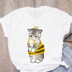 Women T-shirt Cute Cat Funny Cartoon T-shirt Graphic T-shirt Aesthetic Top Tee Female