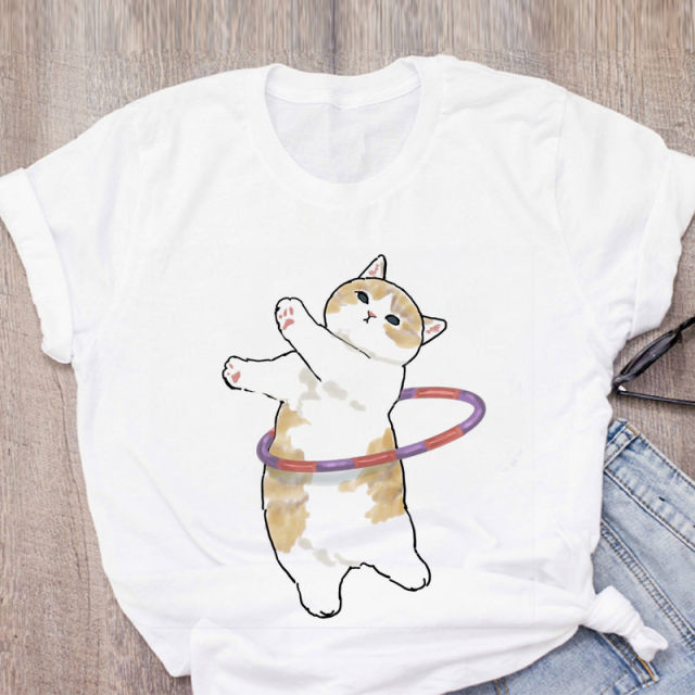 Women T-shirt Cute Cat Funny Cartoon T-shirt Graphic T-shirt Aesthetic Top Tee Female