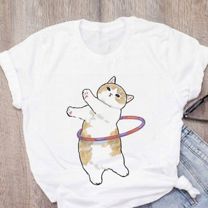 Women T-shirt Cute Cat Funny Cartoon T-shirt Graphic T-shirt Aesthetic Top Tee Female