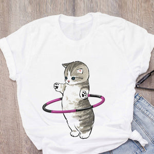 Women T-shirt Cute Cat Funny Cartoon T-shirt Graphic T-shirt Aesthetic Top Tee Female