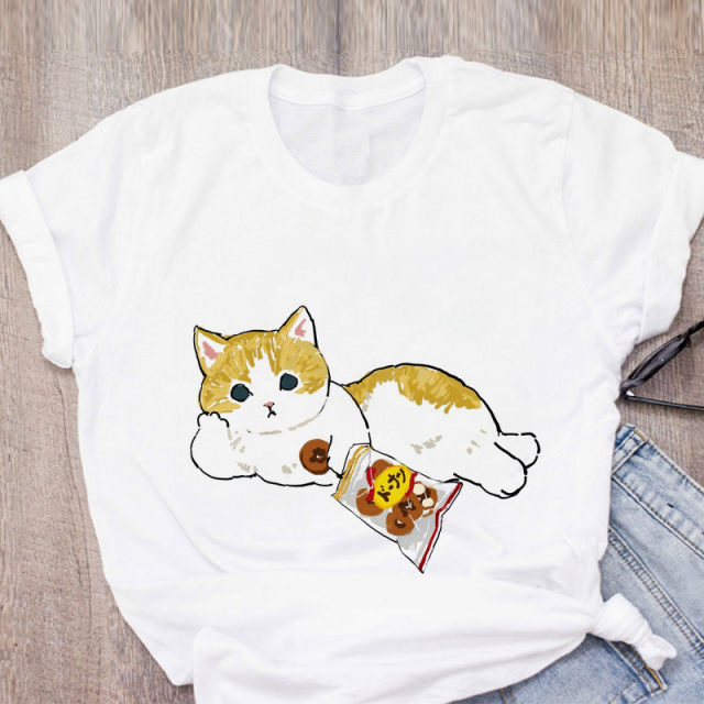 Women T-shirt Cute Cat Funny Cartoon T-shirt Graphic T-shirt Aesthetic Top Tee Female