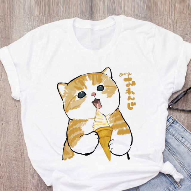 Women T-shirt Cute Cat Funny Cartoon T-shirt Graphic T-shirt Aesthetic Top Tee Female