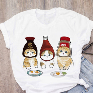 Women T-shirt Cute Cat Funny Cartoon T-shirt Graphic T-shirt Aesthetic Top Tee Female