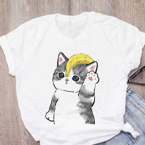 Women T-shirt Cute Cat Funny Cartoon T-shirt Graphic T-shirt Aesthetic Top Tee Female