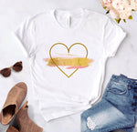 Heart flower print ladies T-shirt ladies O-collar white shirt short sleeve ladies T-shirt