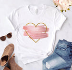 Heart flower print ladies T-shirt ladies O-collar white shirt short sleeve ladies T-shirt