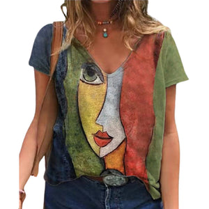 V Neck Tshirt Women Summer Casual Oversize Print Shirt Tops Streetwear Short Sleeve Clothes