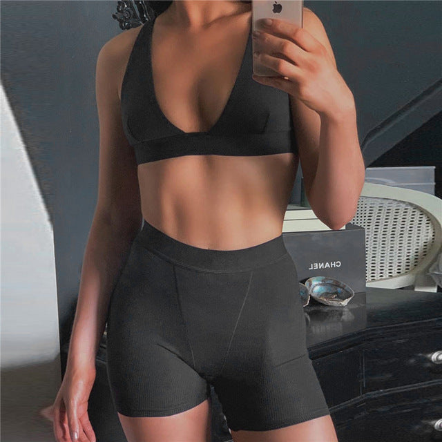 2PCS/Set Sexy Women Sleeveless Strap Bra Bustiers Tank Tops High Waist Shorts Pants Trousers Summer