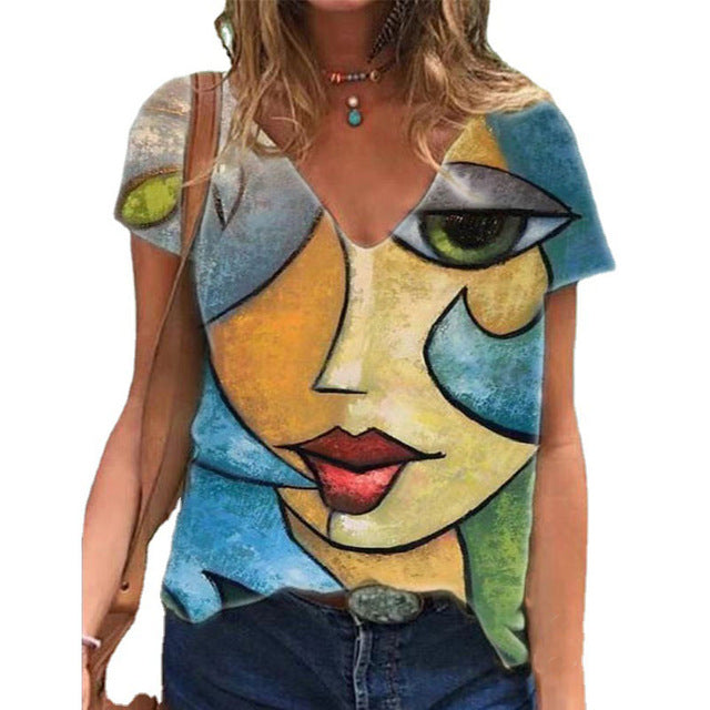 V Neck Tshirt Women Summer Casual Oversize Print Shirt Tops Streetwear Short Sleeve Clothes