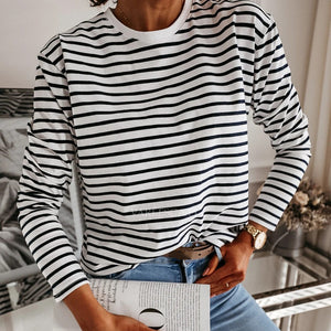 Women Black And White Stripes O Neck Casual Tops Long Sleeve T-shirt