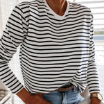 Women Black And White Stripes O Neck Casual Tops Long Sleeve T-shirt